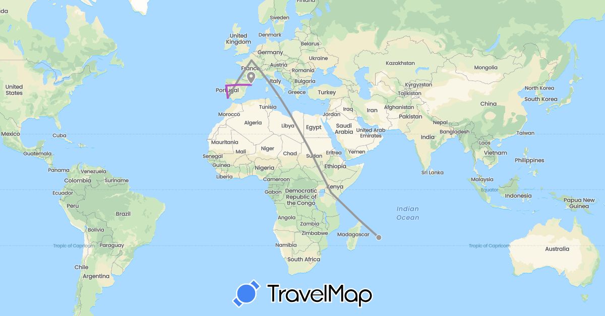 TravelMap itinerary: driving, plane, train in Spain, France, Kenya, Mauritius, Portugal (Africa, Europe)
